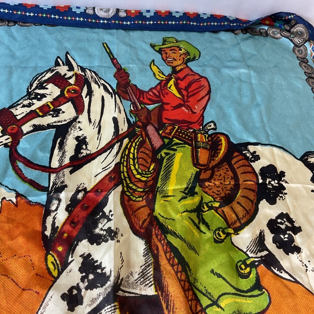 Retro Cowboy Western Silk Scarf Fringe scarves 34 x 30 Rodeo Colorful - Picture 2 of 8
